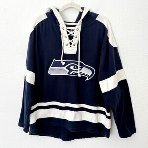 [NFL] Blue Seattle Seahawks Long Sleeve Jersey Hoodie Sweatshirt Mens Sz Large L